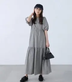 ランタンスリーブバックリボンワンピース　ギンガムチェック