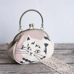 持ち手付きがま口ポーチ*CATS×ピンク
