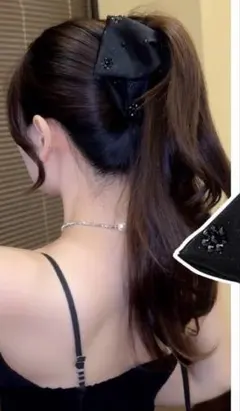 首を長く見せるビジュー付リボン髪留めヘアアクセサリーバンスクリップ簡単使用髪留め