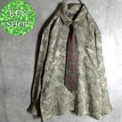 ネクタイシャツ　グリーン　ゴールド　デザイン総柄　ペイズリー柄　ヴィンテージ古着