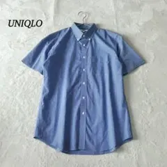 ユニクロ シャツ 半袖 【L】 ギンガムチェック 綿混 春夏 青 メンズ　美品