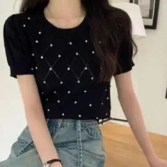 GRL ダイヤ柄ビジュー透かしニットトップス ブラック Mのサムネイル