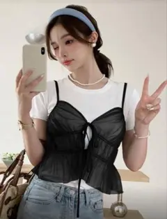SHEIN シースルー フリル付き ブラックビスチェ