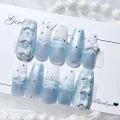 Ｎｏ．現品 ネイルチップハンドメイド 水色白ドットスター韓国フリルリボンちゅるん