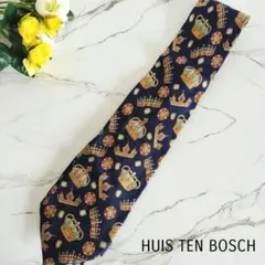 美品☆ハウステンボス ネクタイ ネイビー 王冠柄 シルク