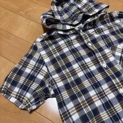 フード付きチェック柄半袖シャツ　メンズ