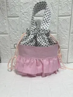 ドット ギンガムチェック フリル 巾着バッグ