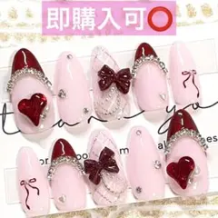 ネイルチップ現品オーダー量産型フレンチガーリー韓国ワンホンチェックスナ系赤ピンク