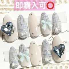 ネイルチップ現品オーダー量産型フレンチガーリー韓国ワンホンツイードスナ系白青水色