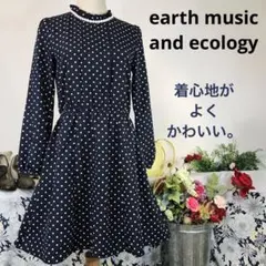 Earth music &ecology　　長袖ワンピース膝丈　M　紺水玉