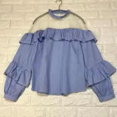 美品♡フォーエバー21 フリルブラウス【M】長袖　ストライプ　綿100%のサムネイル