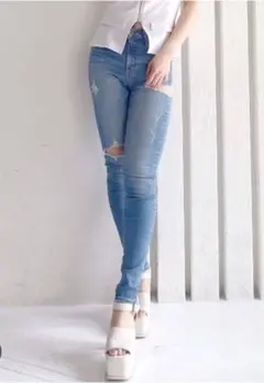 GYDA SIDE RIPPED スキニーデニムパンツL【アイスブルー】