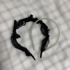 カチューシャ 2点セット ブラック パール ガーリー 韓国