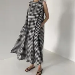 ギンガムチェック ノースリーブワンピース　春　長袖　 麻 　ポケット付き　Ｌ