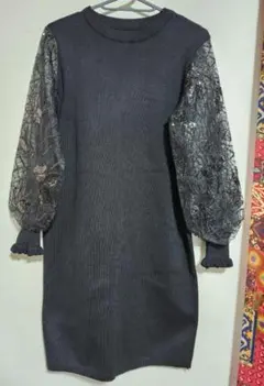 ニット ワンピース チュニック ふんわり袖 華やかレース袖 シアー袖 ブラック黒