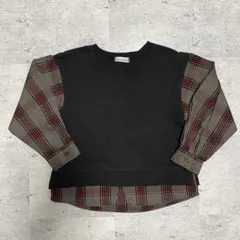 チェック柄長袖Tシャツ　デザイントップス　チェック　ブラック