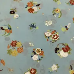 和柄✨水色系地✨花柄✨シルバー箔入り✨38×200✨ポリエステル生地✨生地ハギレ