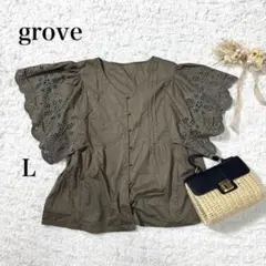 グローブ 刺繍レース カットワーク袖 ブラウス　L カーキ コットン　a1545のサムネイル