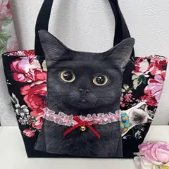 コヤンイサムチョン　ハンドメイド　トートバッグ　黒猫　薔薇柄　クリスマス