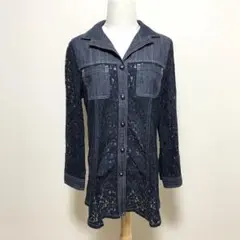 【美品✨】【M】Natural Basicデニム×レース 長袖シャツ ネイビーのサムネイル