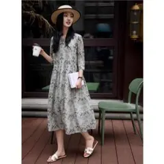 レディース 優しい プリント エレガントワンピース ロング ゆったり レトロ