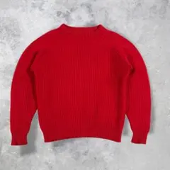 【美品】赤ニット セーター リブ 無地 長袖 クルーネック