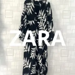 【ZARA】リネンエンブロイダリーワンピース リーフ 刺繍 スキッパー 長袖