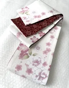 h10 美品 オフホワイト 縮緬地 リバーシブル 長尺 半幅帯 小袋帯 白 桜