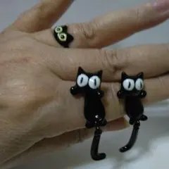 黒猫デザインリング、ピアスセット（2個）