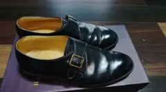 ブラックレザー バックル付きリーガルモンクストラップシューズ