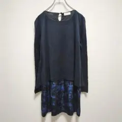 E1230 重ね着風　丈長め　チュニック　カットソー　ネイビー　総柄　体型カバー