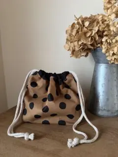 ハンドメイド　お弁当袋　巾着　ドット柄　ブラウン　入園入学
