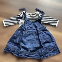 プティマイン　デニムワンピースとストライプロンパースセット 70