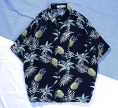 パイナップル　シャツ　襟付き　ブラック　半袖　　　　紺色　ネイビー
