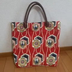 帯リメイク　花柄と鳥の模様のトートバッグ