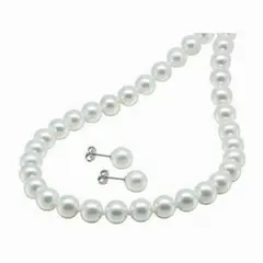 花珠貝パールネックレスセット 白真珠ホワイトカラー8ミリ42センチピアス *