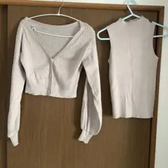 リブ編み　ピンクベージュ　カーディガン　セット　イング　ingni
