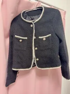 ノーカラー ブラック ツイードジャケット