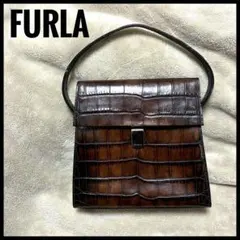 FURLA レザーハンドバッグ クロコダイル型押し ダークブラウン フルラ