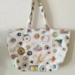 ハンドメイド　大きめ　エコバッグ　トートバッグ　朝ごはん　食べ物柄　nora