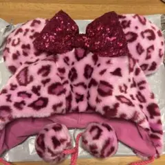 ミッキー型ヒョウ柄帽子・リボン付き