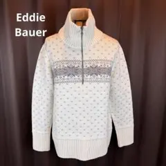 ★ Eddie Bauer★L★白ジップアップハイネックニットセーター★ウール★