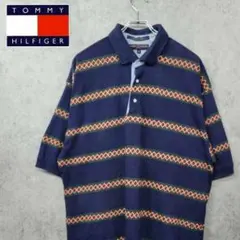 90s トミー ヒルフィガー 希少 ボーダー ポロシャツ ネイビー XXL 古着