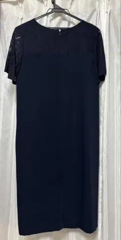 ネイビー 半袖 ひざ丈ワンピース M ナチュラルビューティベーシック