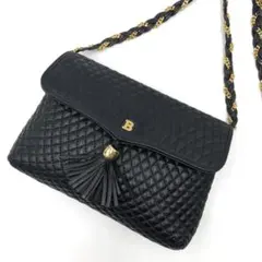 極美品 バリー チェーン ショルダーバッグ キルティング フリンジ レザー 黒