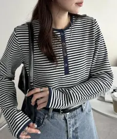 Discoat　ワッフルボーダー長袖Tシャツ　ネイビー　カジュアル　M