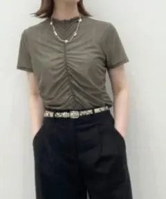 GU シアーギャザーT オリーブ M