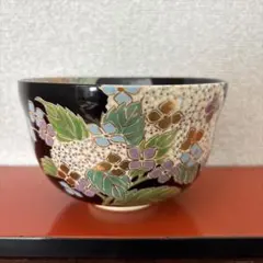 ◆宮地英香作抹茶碗◆色絵金彩黒仁清　あじさい紫陽花
