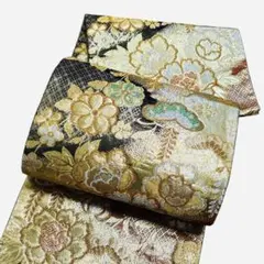 AA3美品袋帯 六通柄 多彩糸　花柄　振袖向き　正絹 着物