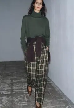 ZARA チェック柄ウールワイドレッグパンツ